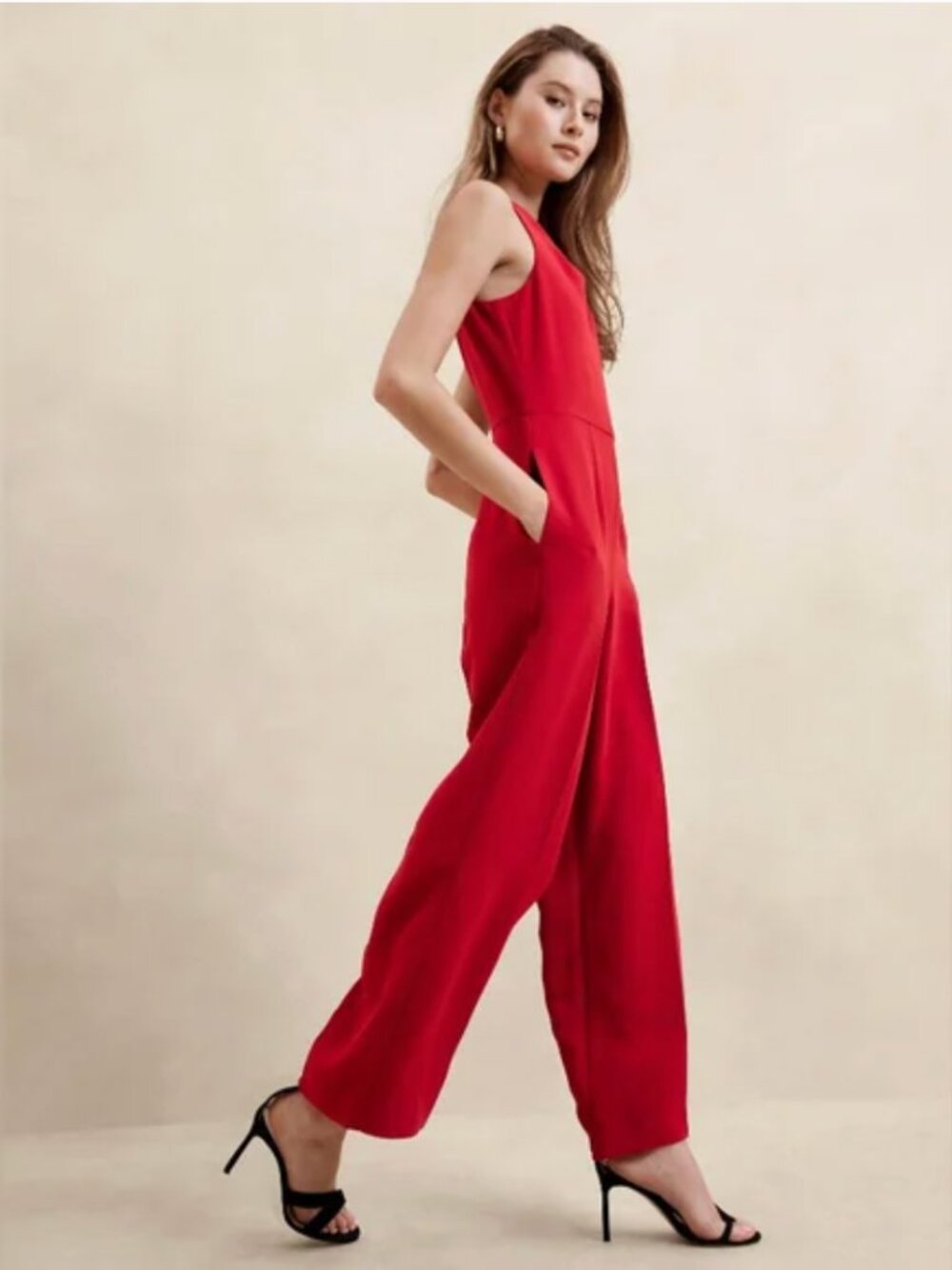 Banana Republic Crepe Sleeveless Cowl-Neck Jumpsuit Cherry Red 12 - Picture 5 of 10